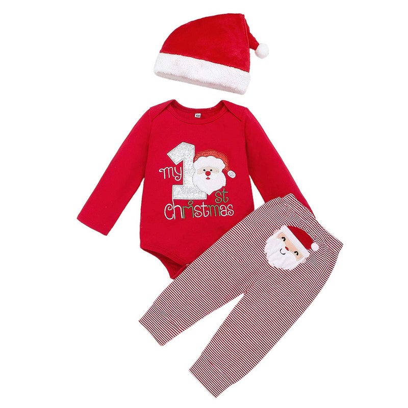 Arleysh Christmas Outfits Baby Boys Girls My 1st Christmas Santa Claus Rompers Bodysuit Pants with Christmas Hat 3 Pcs (0-3 Months, Red) - Image 1